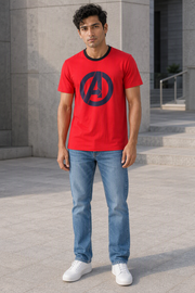 Men Avengers 'A' Logo Graphic Print Contrast Neck Cotton T-Shirt — Red / Navy | Yokidz