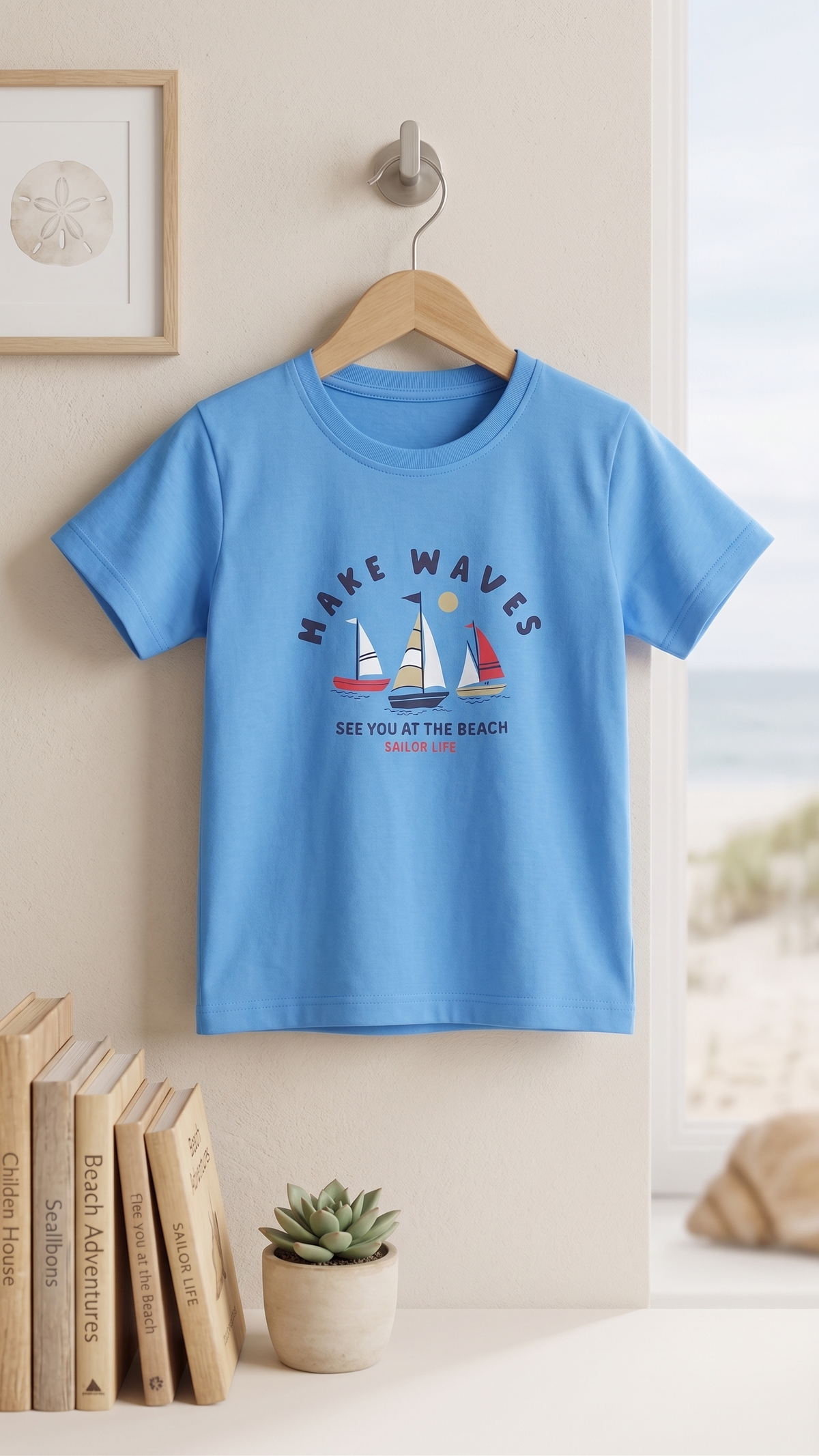 Boys Make Waves Beach Graphic Print 2-Piece Cotton T-Shirt and Pyjama Set — Sky Blue / Navy | Yokidz