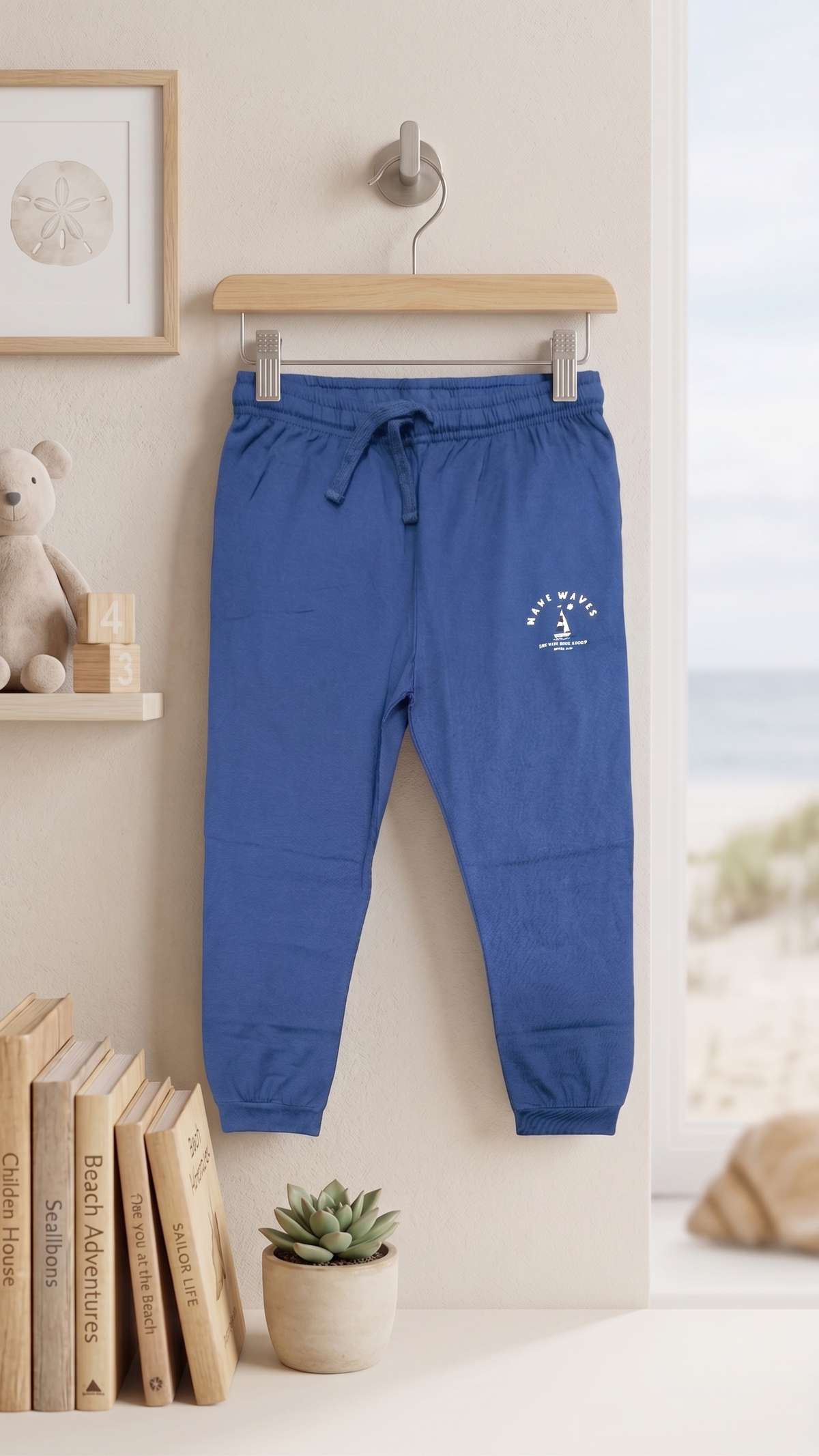 Boys Make Waves Beach Graphic Print 2-Piece Cotton T-Shirt and Pyjama Set — Sky Blue / Navy | Yokidz