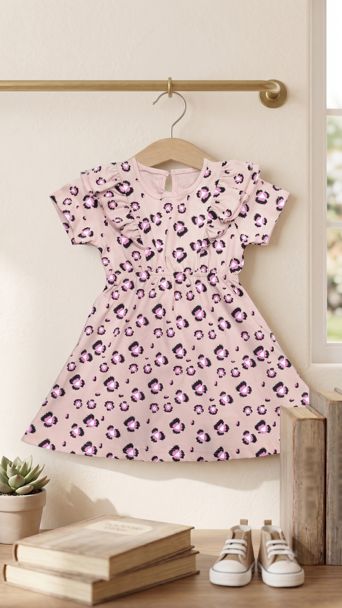 Girls Flower Print Ruffle Sleeve A-Line Cotton Frock Dress — Peach Pink | Yokidz