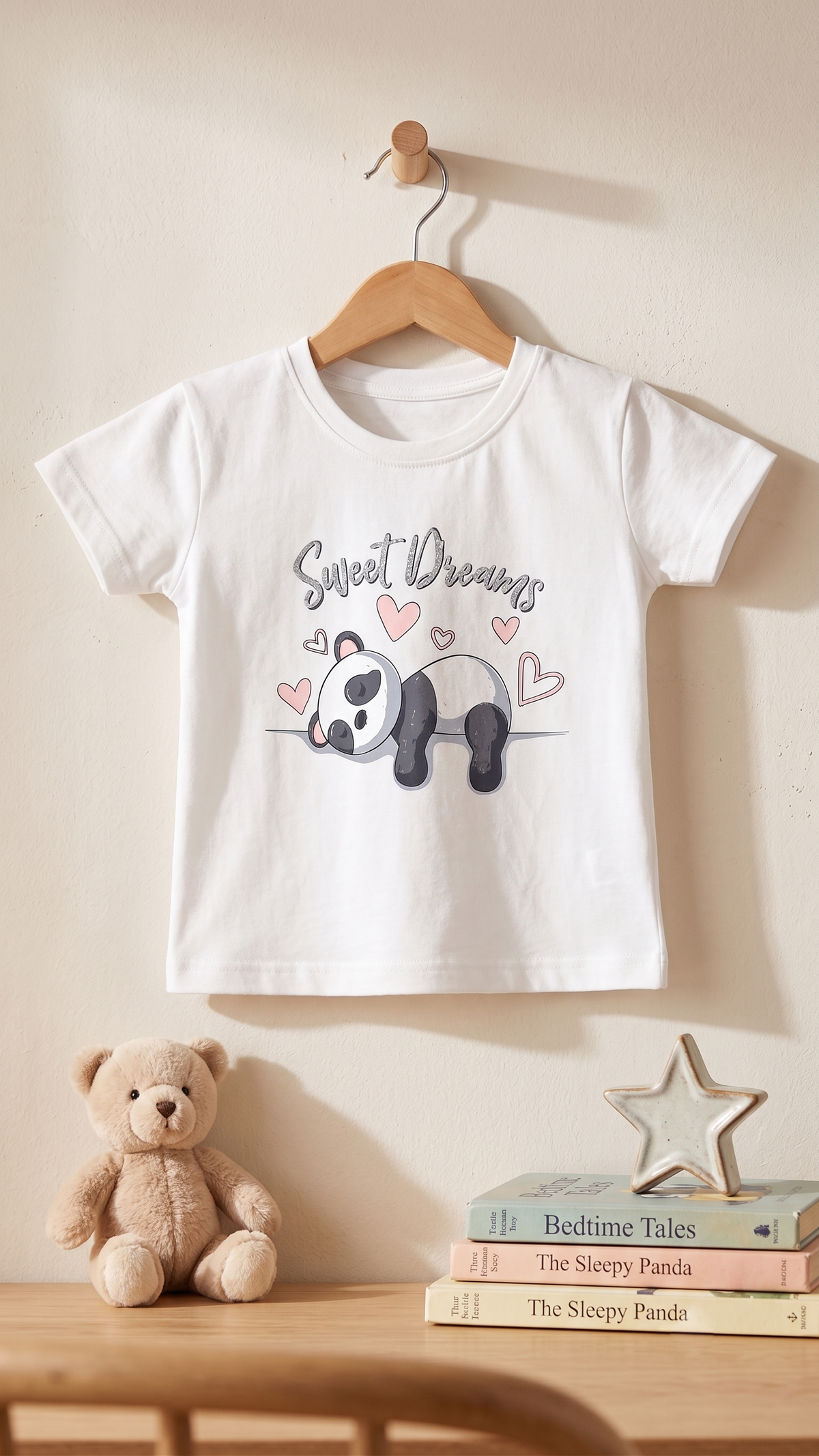 Girls Sweet Dreams Panda Graphic T-Shirt and Heart Print 2-Piece Cotton Pyjama Set — White / Light Pink | Yokidz