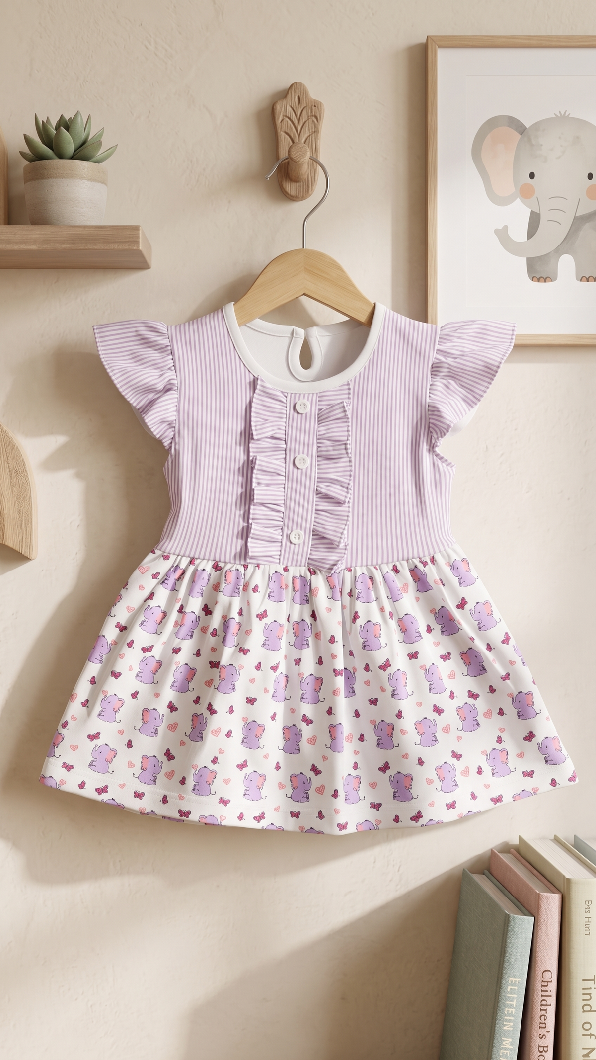 Girls Striped Ruffle Sleeve & Elephant Print A-Line Cotton Frock Dress — Lavender / Purple | Yokidz