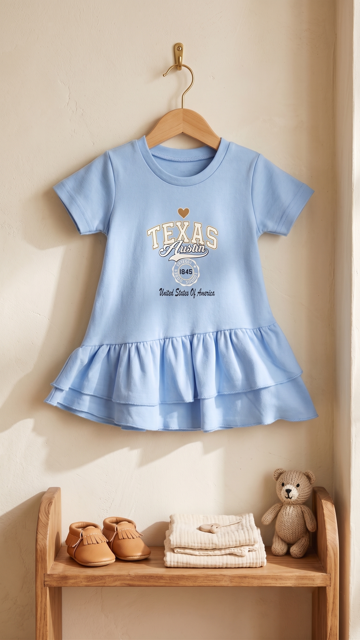 Girls Texas Austin Graphic Chest Print Tiered Hem Cotton Frock Dress — Sky Blue | Yokidz