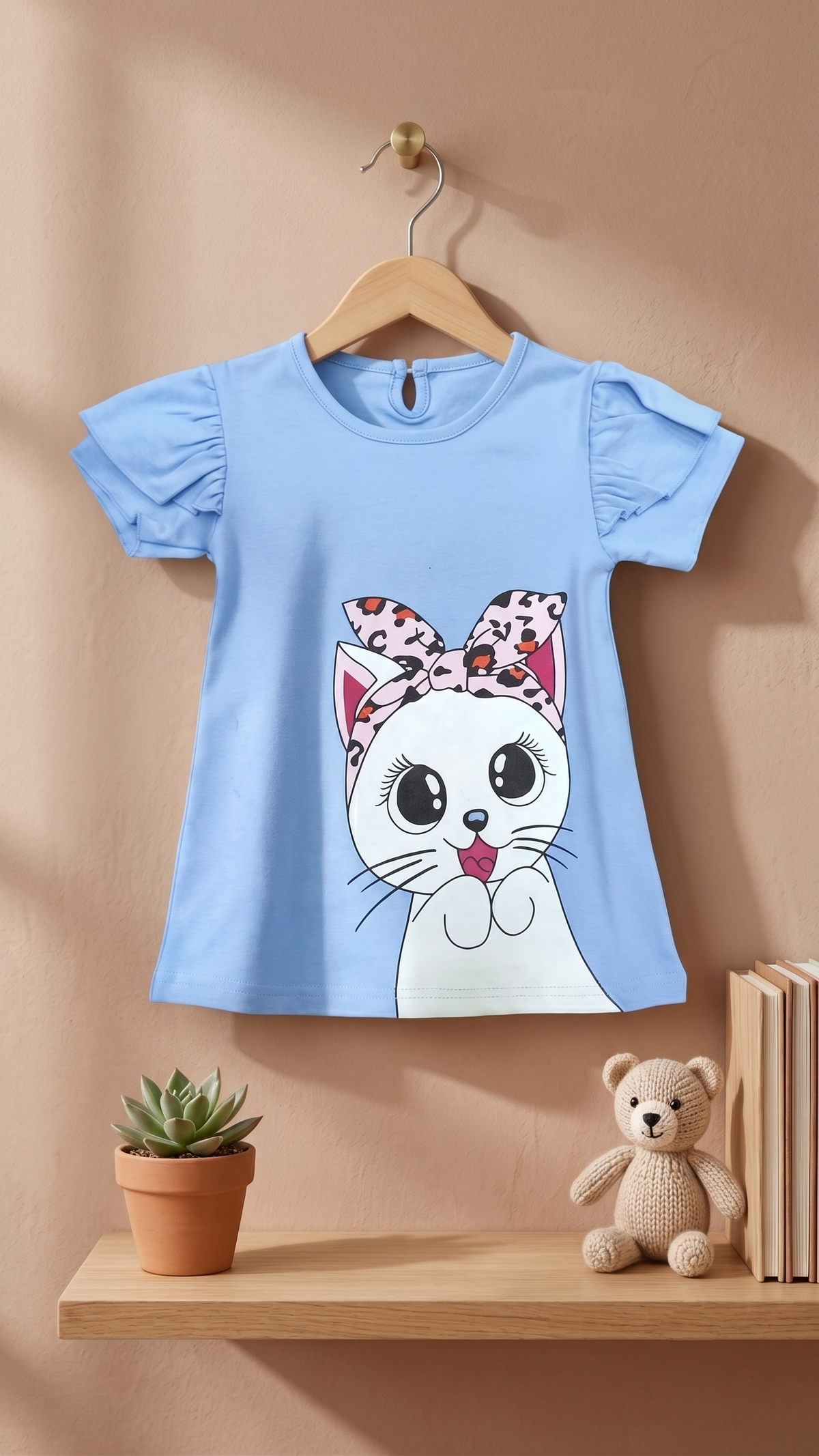 Girls Cute Cat Graphic Print Double Frill Sleeve Cotton Frock Dress — Sky Blue | Yokidz