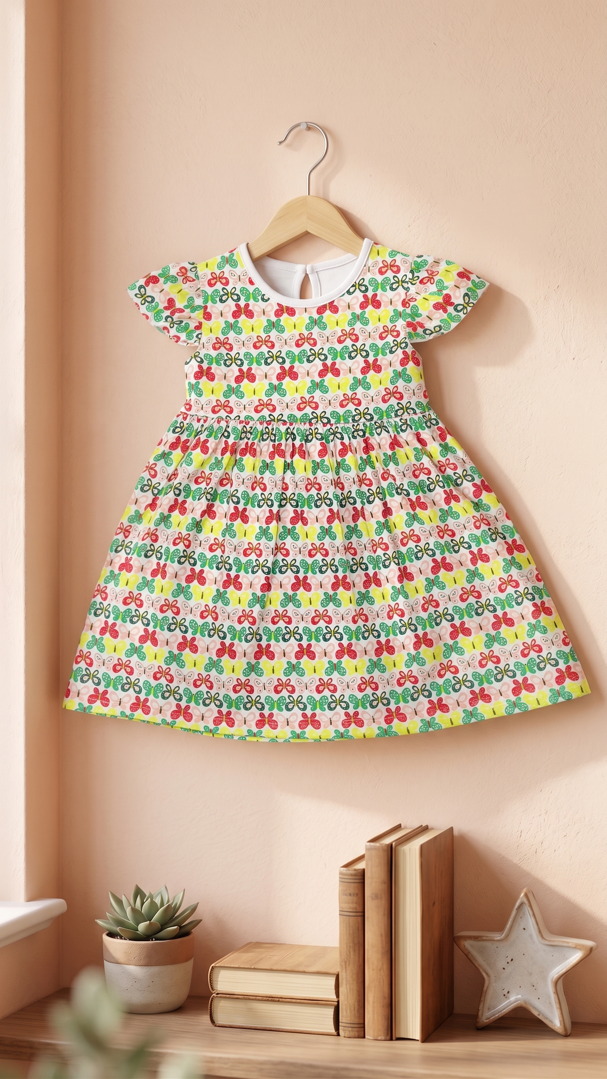 Girls Butterfly All Over Print Flutter Sleeve A-Line Cotton Frock Dress — Multicolor | Yokidz