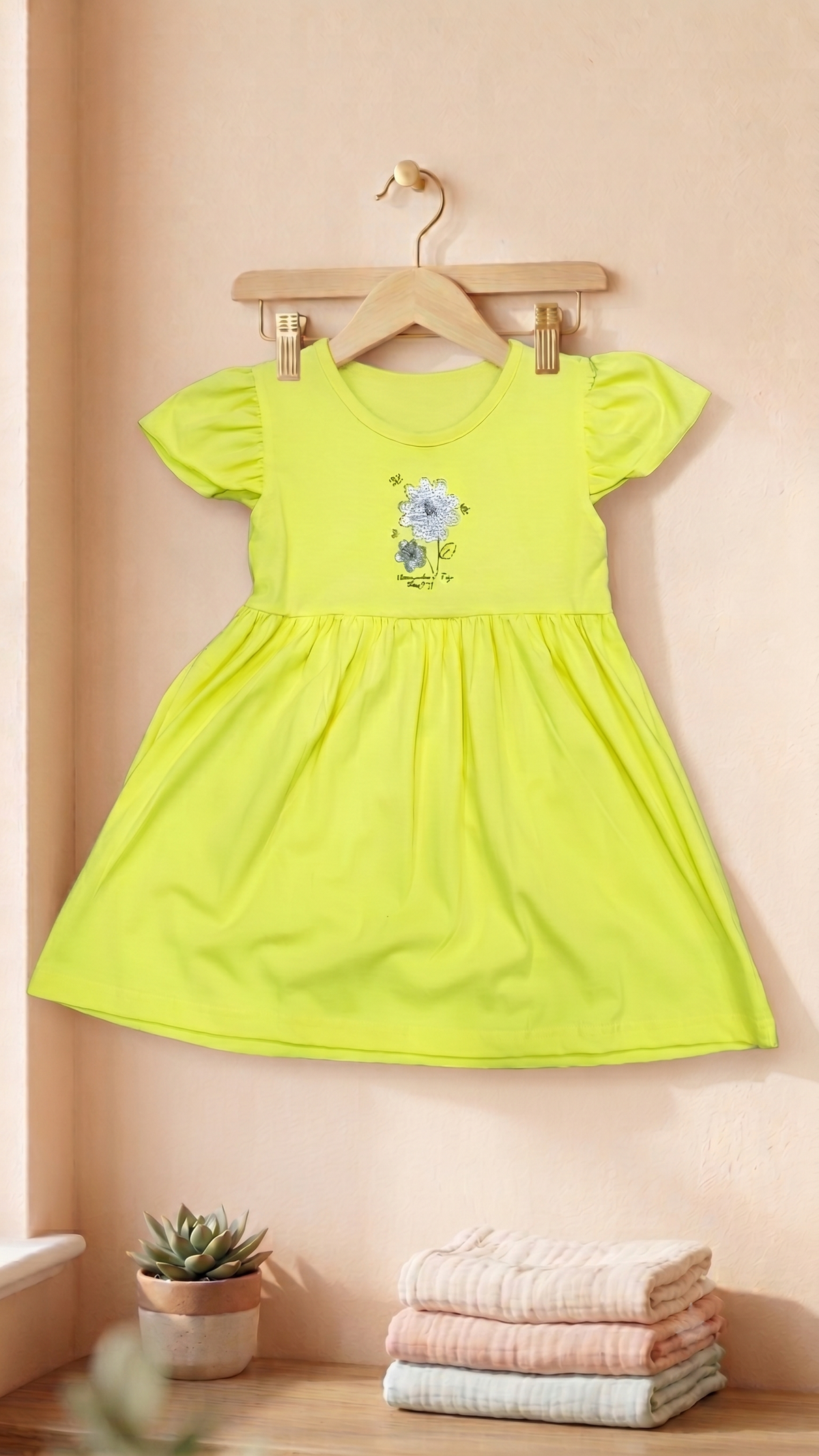 Girls Floral Sequin Embroidery A-Line Cotton Frock Dress — Lemon Yellow | Yokidz