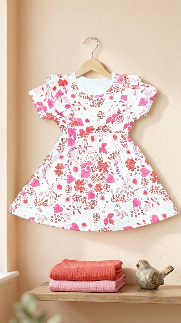 Girls Botanical Floral All Over Print Ruffle Sleeve A-Line Cotton Frock Dress — Coral Pink / White | Yokidz