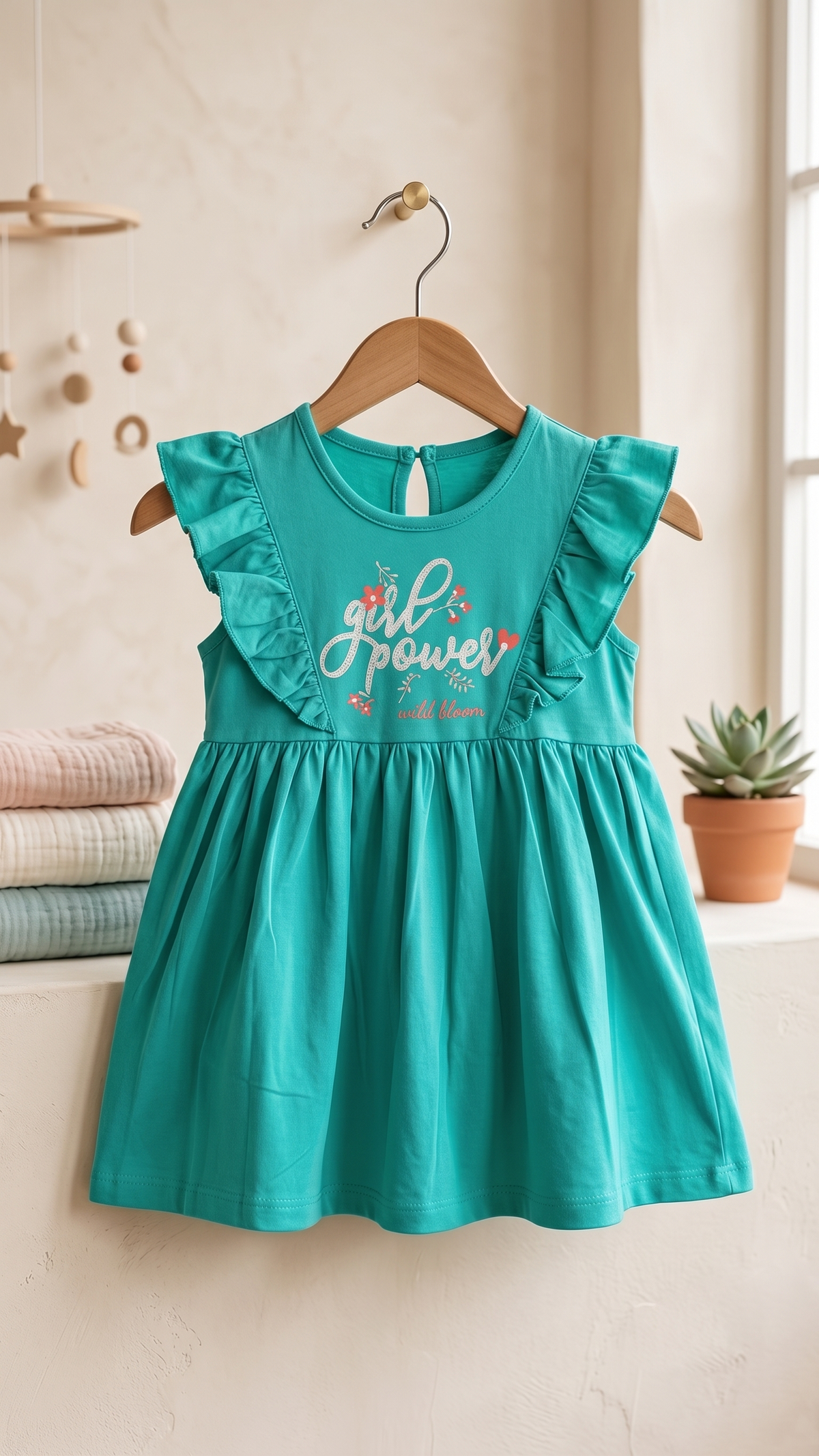 Girls Girl Power Chest Graphic Print Ruffle Sleeve A-Line Cotton Frock Dress — Teal Blue | Yokidz