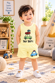 Baby Boys Beep Beep!! Car Graphic Print Sleeveless Vest and Shorts Cotton Shorts Set — Pale Yellow / Multicolor | Yokidz