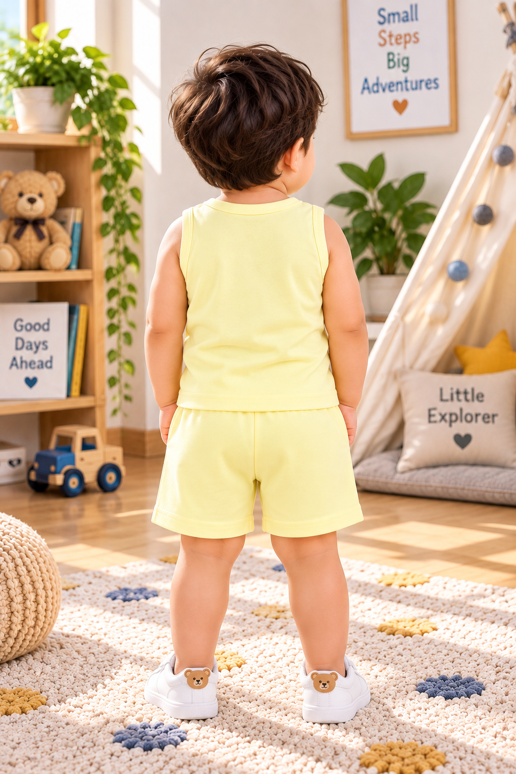 Baby Boys Beep Beep!! Car Graphic Print Sleeveless Vest and Shorts Cotton Shorts Set — Pale Yellow / Multicolor | Yokidz