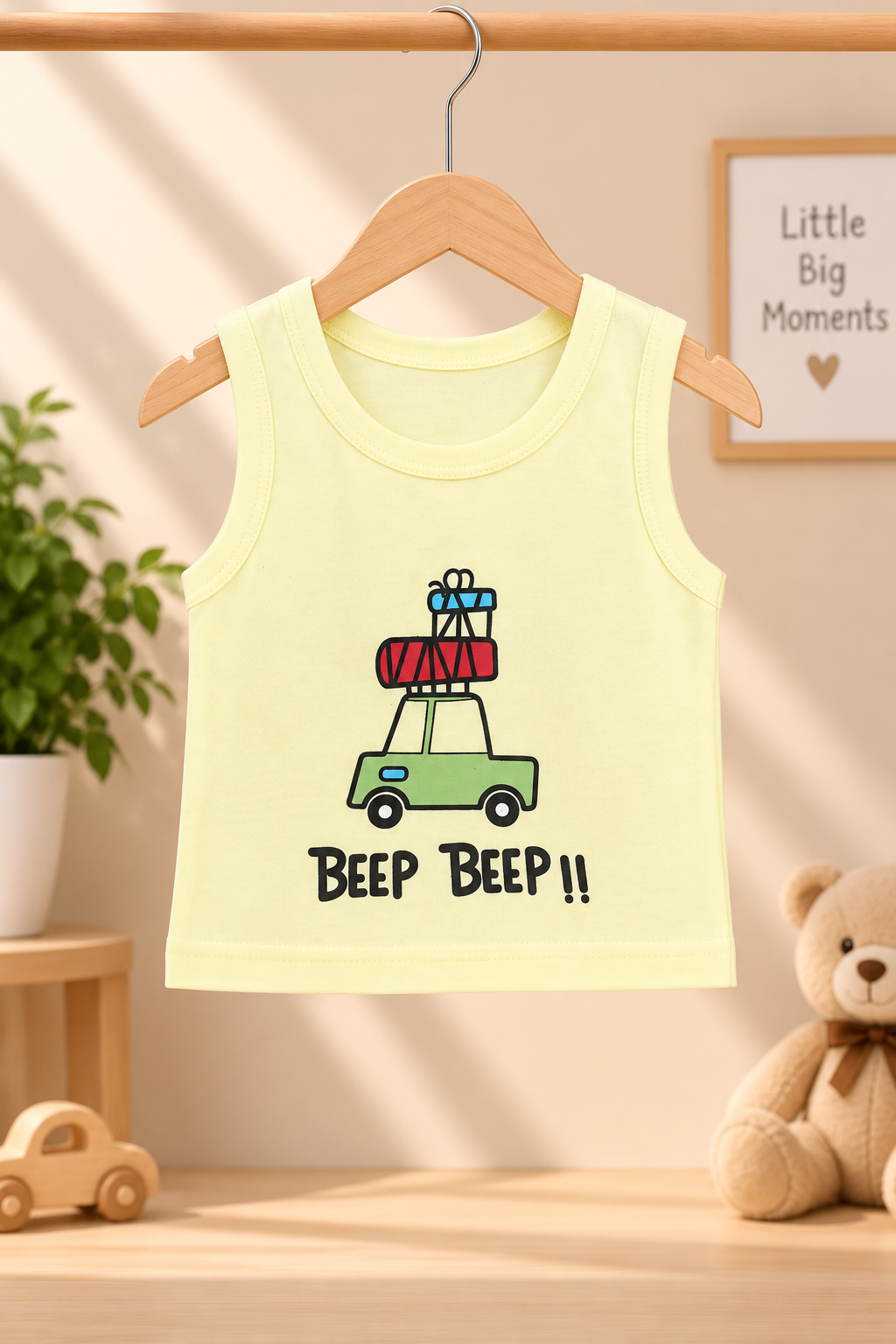 Baby Boys Beep Beep!! Car Graphic Print Sleeveless Vest and Shorts Cotton Shorts Set — Pale Yellow / Multicolor | Yokidz