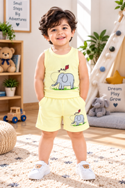Baby Boys Cute Elephant Flying Kite Graphic Print Sleeveless Vest and Shorts Cotton Shorts Set — Pale Yellow / Grey & Red | Yokidz