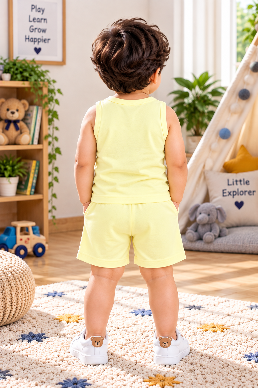 Baby Boys Cute Elephant Flying Kite Graphic Print Sleeveless Vest and Shorts Cotton Shorts Set — Pale Yellow / Grey & Red | Yokidz