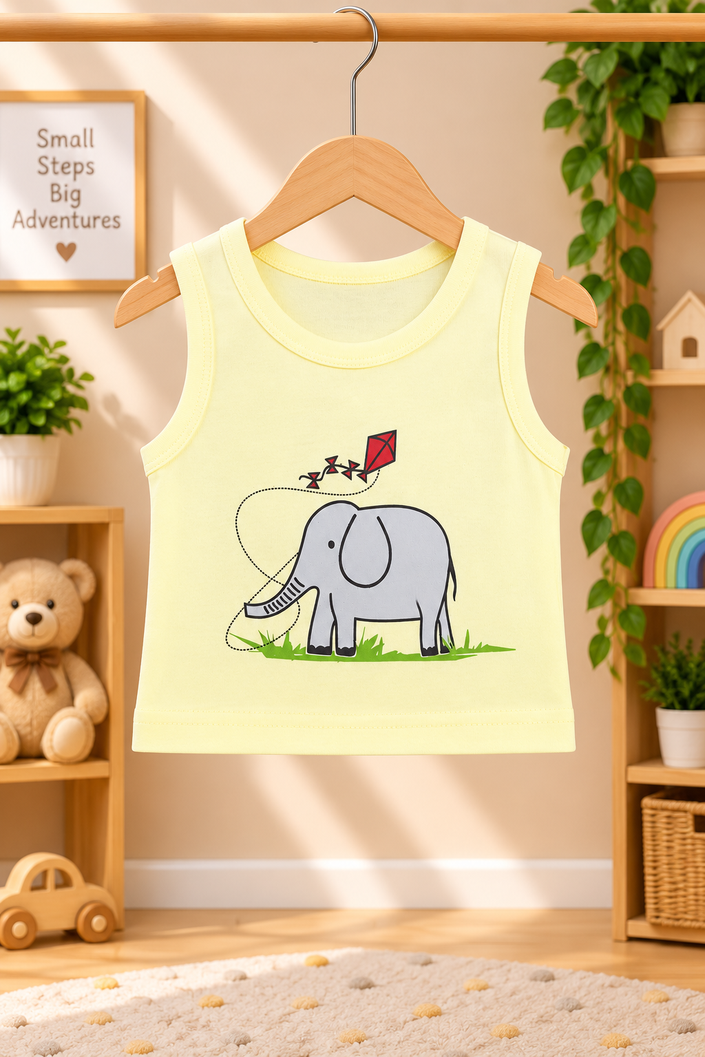 Baby Boys Cute Elephant Flying Kite Graphic Print Sleeveless Vest and Shorts Cotton Shorts Set — Pale Yellow / Grey & Red | Yokidz