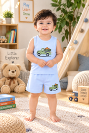 Baby Boys Vintage Pumpkin Pickup Truck Graphic Print Sleeveless Vest and Shorts Cotton Shorts Set — Sky Blue / Green | Yokidz