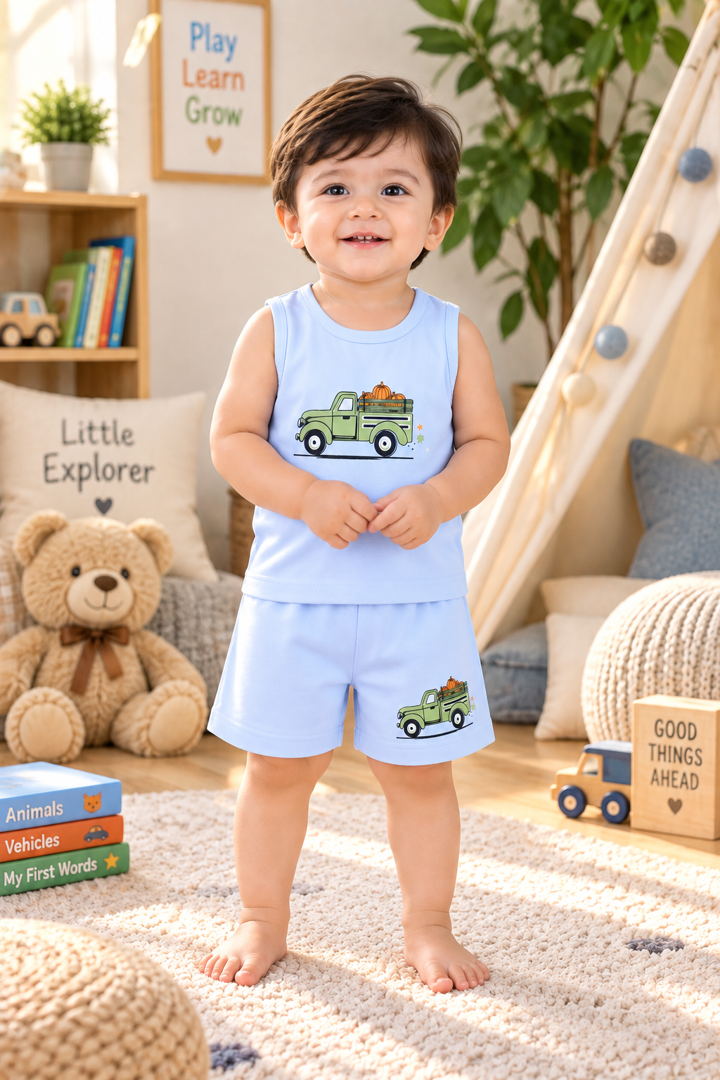 Baby Boys Vintage Pumpkin Pickup Truck Graphic Print Sleeveless Vest and Shorts Cotton Shorts Set — Sky Blue / Green | Yokidz
