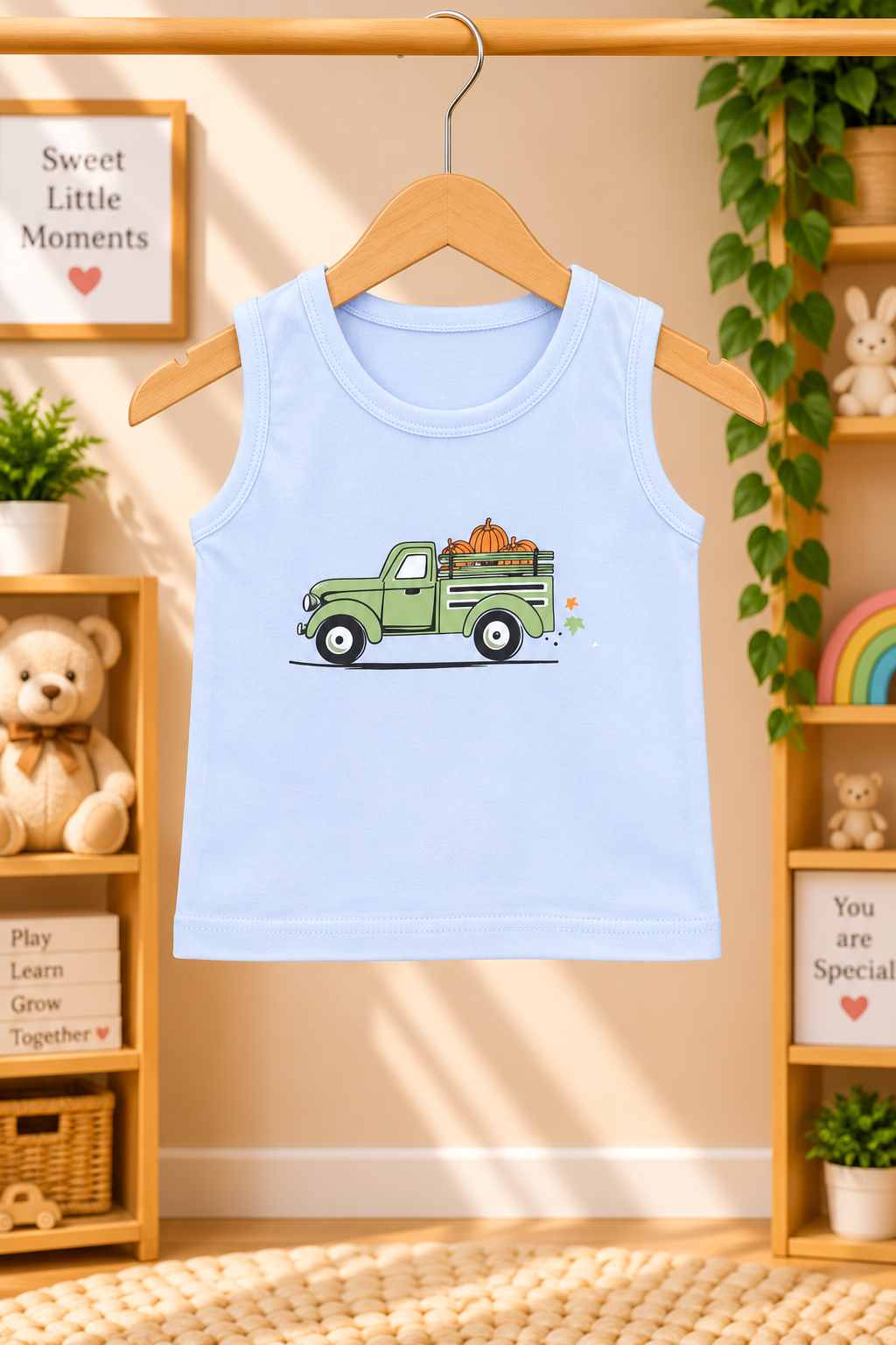 Baby Boys Vintage Pumpkin Pickup Truck Graphic Print Sleeveless Vest and Shorts Cotton Shorts Set — Sky Blue / Green | Yokidz