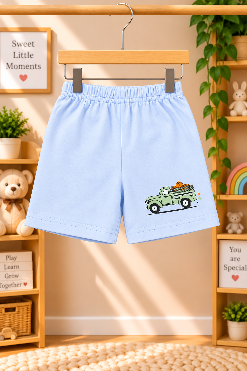 Baby Boys Vintage Pumpkin Pickup Truck Graphic Print Sleeveless Vest and Shorts Cotton Shorts Set — Sky Blue / Green | Yokidz