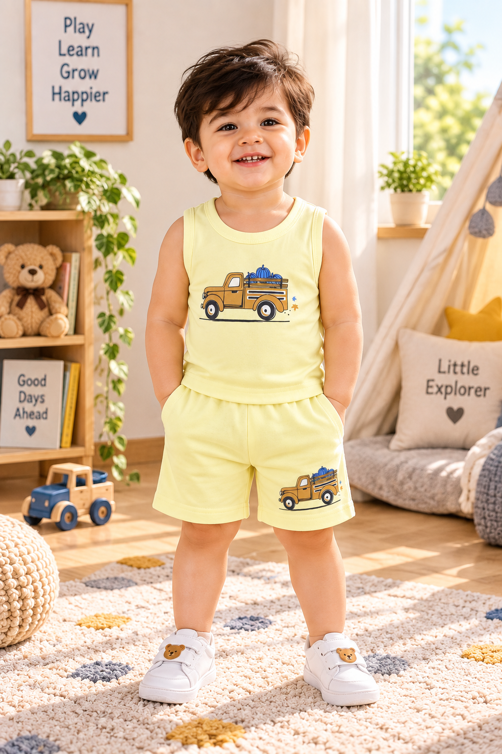 Baby Boys Vintage Pumpkin Pickup Truck Graphic Print Sleeveless Vest and Shorts Cotton Shorts Set — Sky Blue / Green | Yokidz