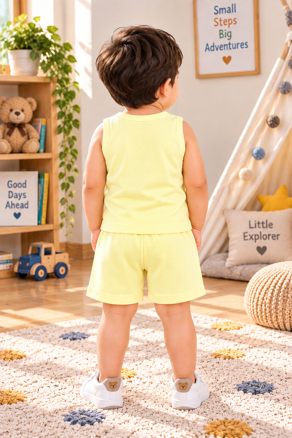 Baby Boys Vintage Pumpkin Pickup Truck Graphic Print Sleeveless Vest and Shorts Cotton Shorts Set — Sky Blue / Green | Yokidz
