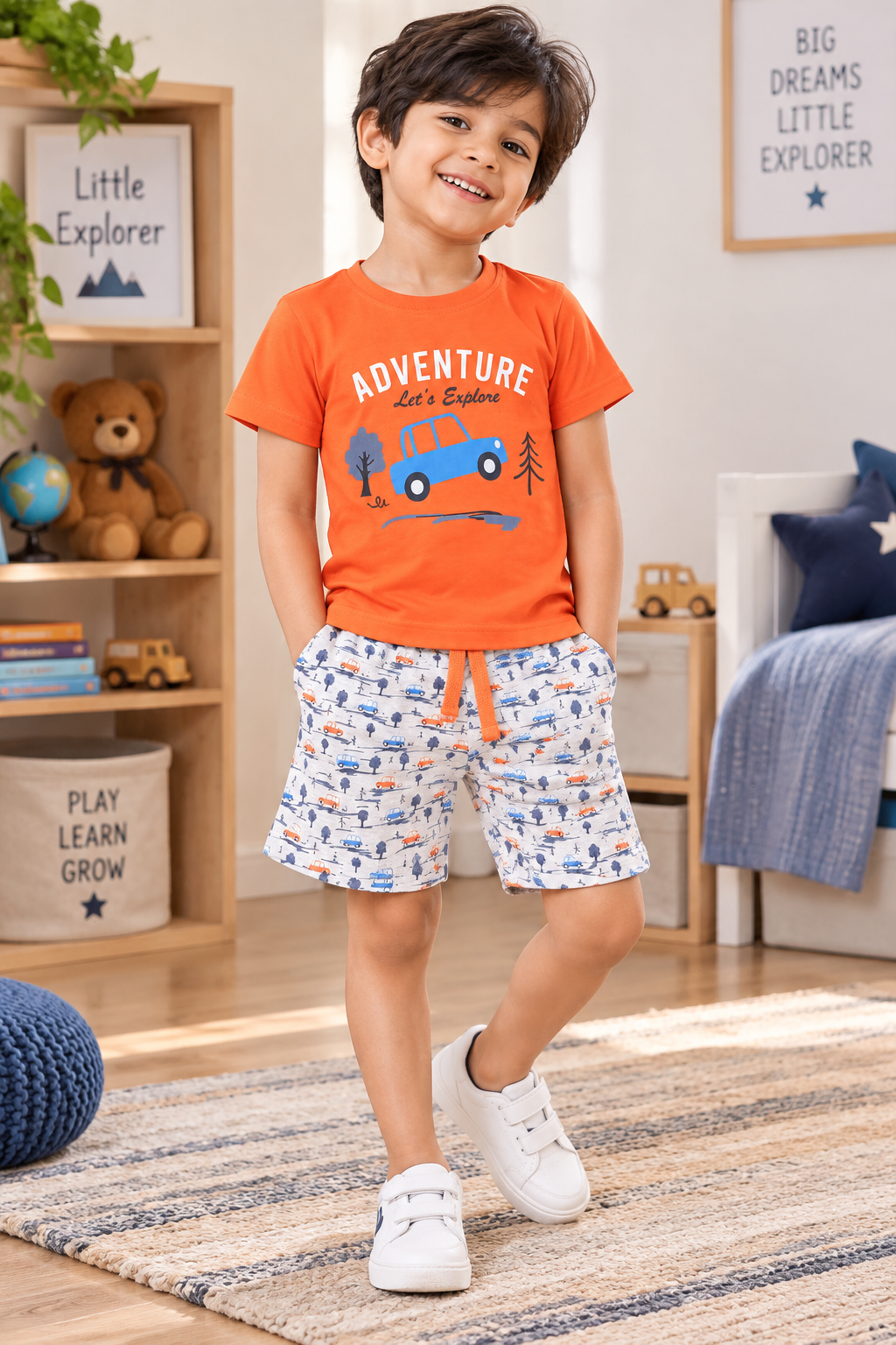 Boys Adventure Let's Explore Graphic Short Sleeve T-Shirt and Car Print Shorts Cotton Lounge Set — Bright Orange / Heather Grey | Yokidz