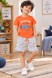 Boys Adventure Let's Explore Graphic Short Sleeve T-Shirt and Car Print Shorts Cotton Lounge Set — Bright Orange / Heather Grey | Yokidz