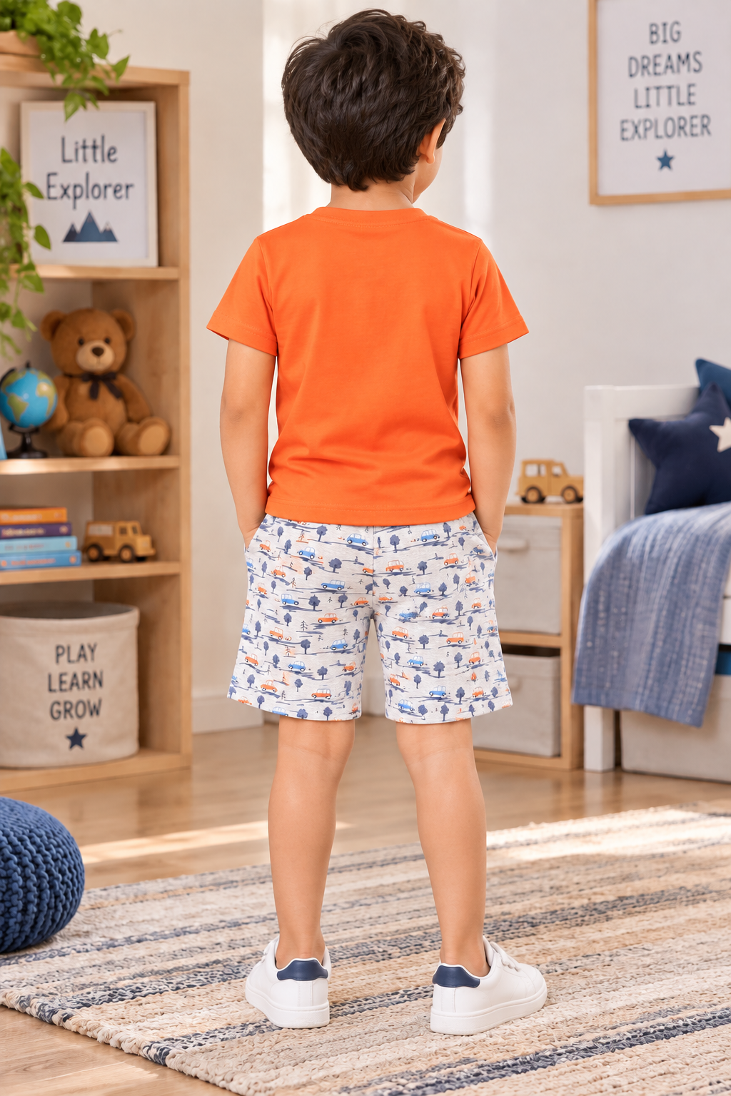 Boys Adventure Let's Explore Graphic Short Sleeve T-Shirt and Car Print Shorts Cotton Lounge Set — Bright Orange / Heather Grey | Yokidz