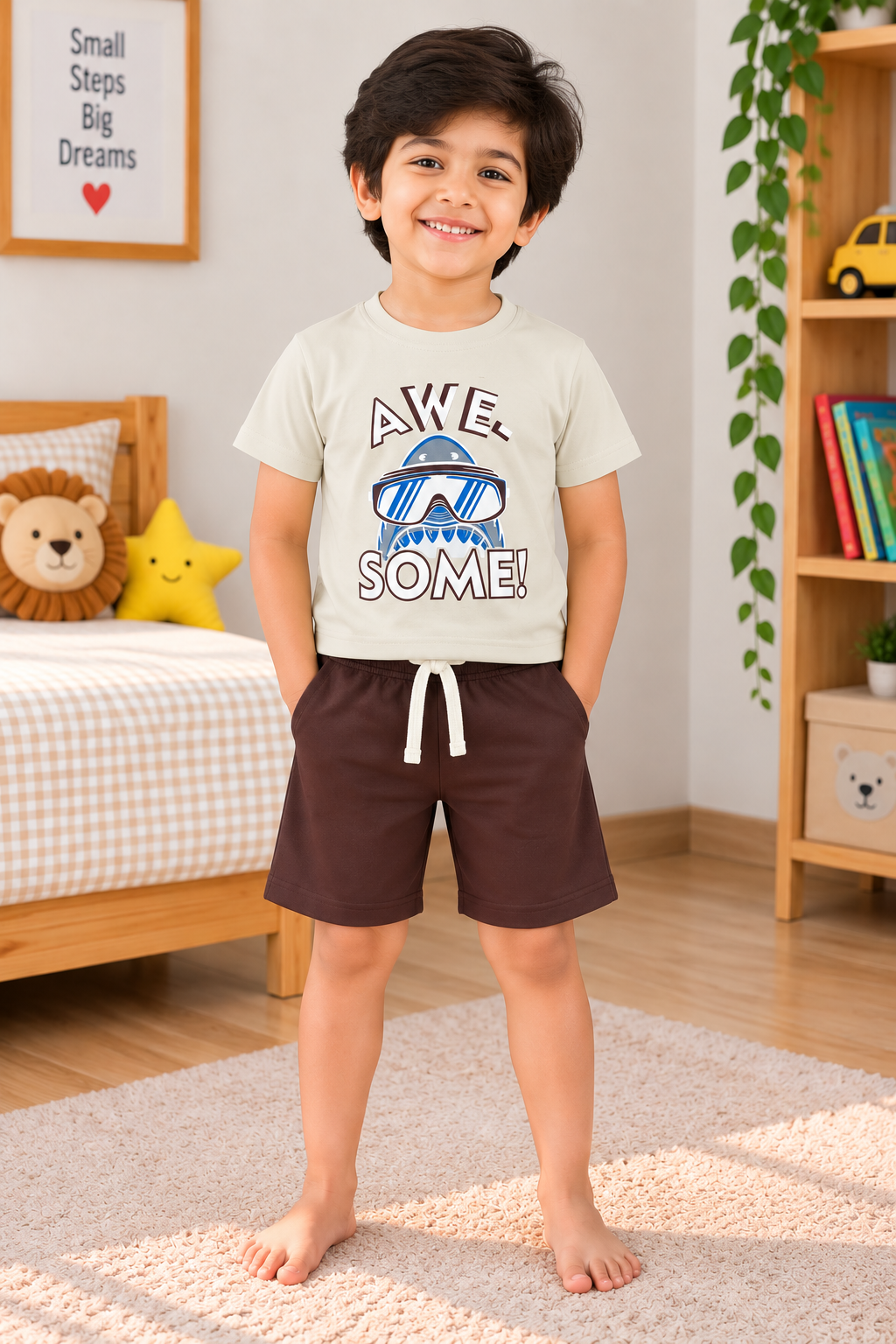 Boys Awesome Cool Shark Graphic Print Short Sleeve T-Shirt and Shorts Cotton Shorts Set — Off White / Dark Brown | Yokidz