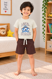 Boys Awesome Cool Shark Graphic Print Short Sleeve T-Shirt and Shorts Cotton Shorts Set — Off White / Dark Brown | Yokidz
