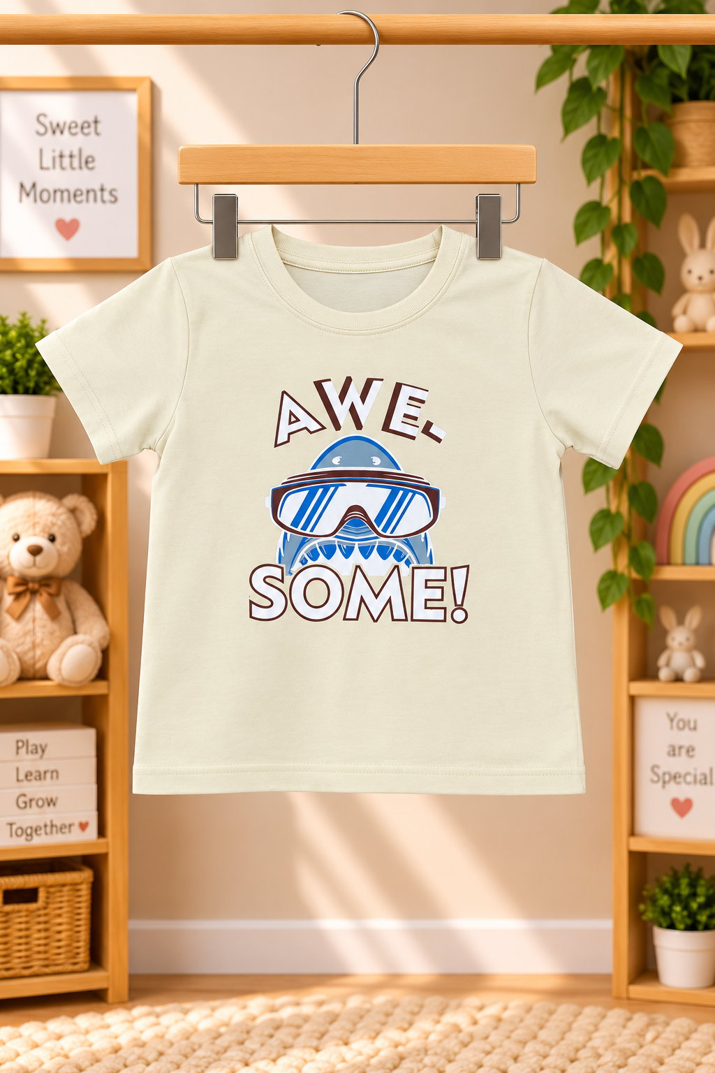 Boys Awesome Cool Shark Graphic Print Short Sleeve T-Shirt and Shorts Cotton Shorts Set — Off White / Dark Brown | Yokidz
