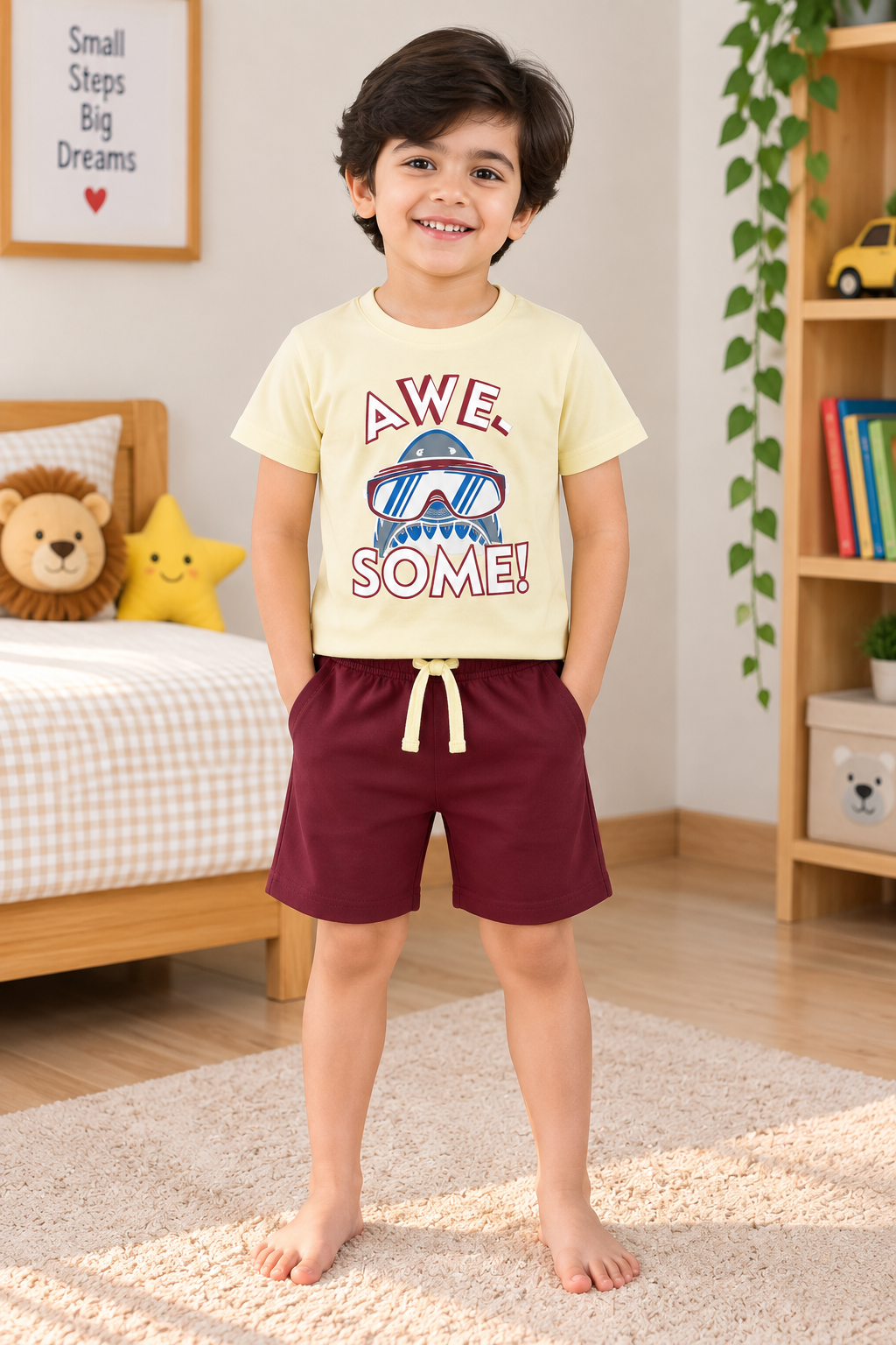 Boys Awesome Cool Shark Graphic Print Short Sleeve T-Shirt and Shorts Cotton Shorts Set — Pale Yellow / Maroon | Yokidz