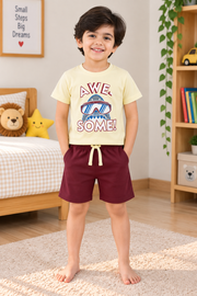 Boys Awesome Cool Shark Graphic Print Short Sleeve T-Shirt and Shorts Cotton Shorts Set — Pale Yellow / Maroon | Yokidz