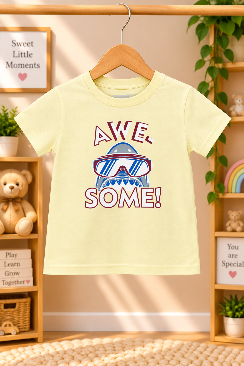 Boys Awesome Cool Shark Graphic Print Short Sleeve T-Shirt and Shorts Cotton Shorts Set — Pale Yellow / Maroon | Yokidz