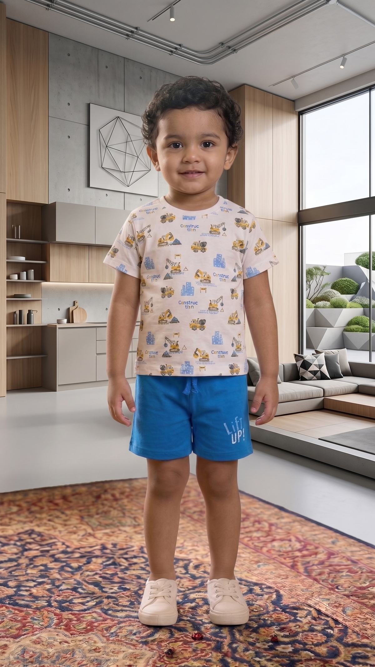 Boys Construction Vehicles All Over Print Short Sleeve T-Shirt and Lift UP! Shorts Cotton Lounge Set — White / Ocean Blue | Yokidz