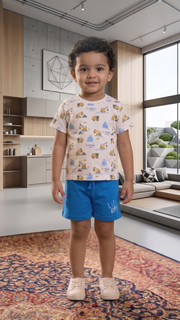 Boys Construction Vehicles All Over Print Short Sleeve T-Shirt and Lift UP! Shorts Cotton Lounge Set — White / Ocean Blue | Yokidz