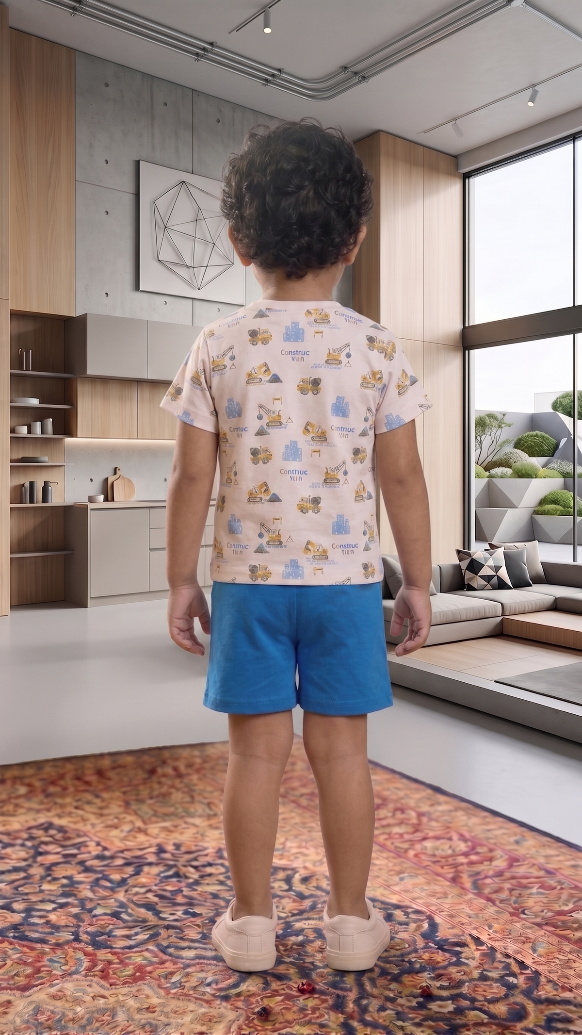 Boys Construction Vehicles All Over Print Short Sleeve T-Shirt and Lift UP! Shorts Cotton Lounge Set — White / Ocean Blue | Yokidz