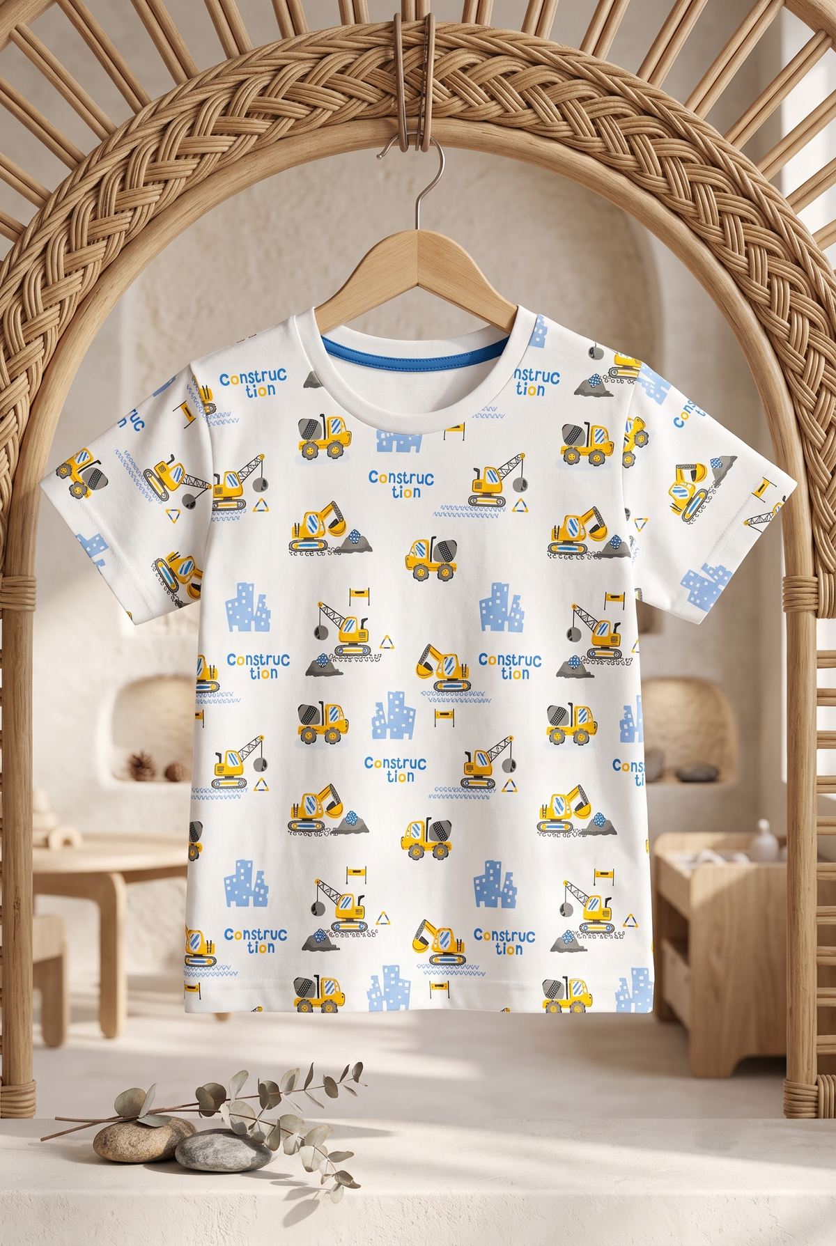 Boys Construction Vehicles All Over Print Short Sleeve T-Shirt and Lift UP! Shorts Cotton Lounge Set — White / Ocean Blue | Yokidz