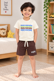 Boys Enjoy Everyday Typography Graphic Print Short Sleeve T-Shirt and Shorts Cotton  ShortsSet — Cream / Dark Brown | Yokidz
