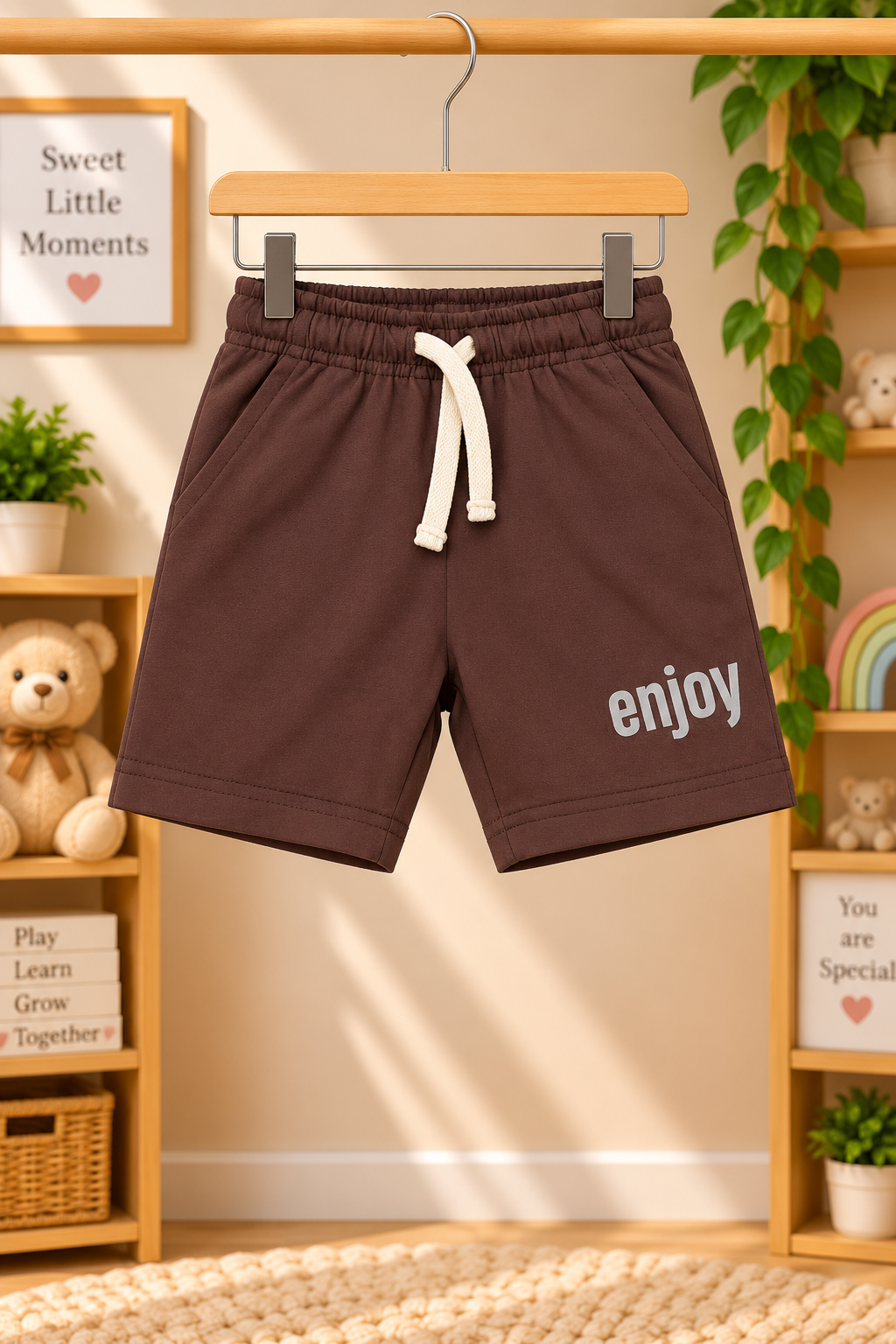 Boys Enjoy Everyday Typography Graphic Print Short Sleeve T-Shirt and Shorts Cotton  ShortsSet — Cream / Dark Brown | Yokidz