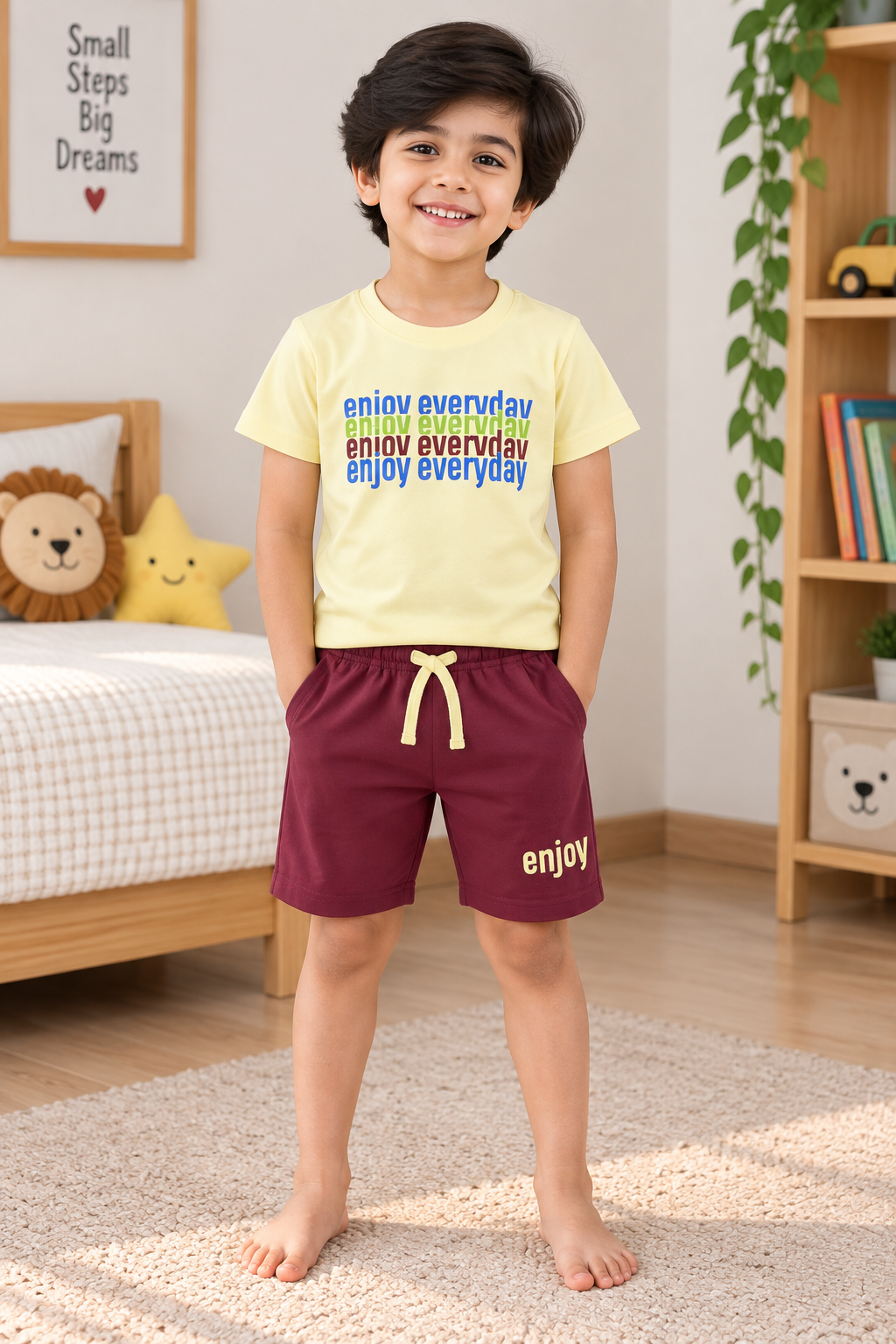 Boys Enjoy Everyday Typography Graphic Print Short Sleeve T-Shirt and Shorts Cotton Lounge Set — Pale Yellow / Maroon | Yokidz