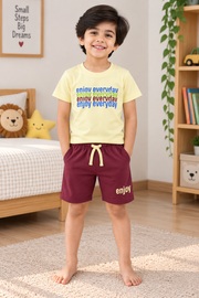 Boys Enjoy Everyday Typography Graphic Print Short Sleeve T-Shirt and Shorts Cotton Lounge Set — Pale Yellow / Maroon | Yokidz
