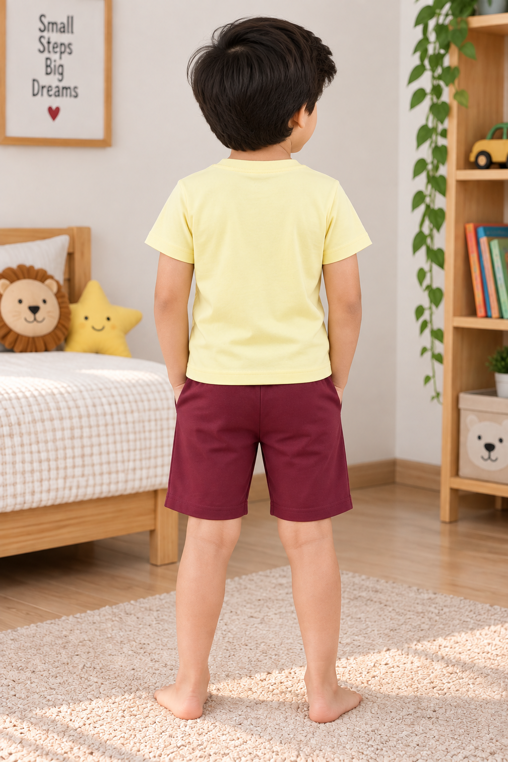 Boys Enjoy Everyday Typography Graphic Print Short Sleeve T-Shirt and Shorts Cotton Lounge Set — Pale Yellow / Maroon | Yokidz