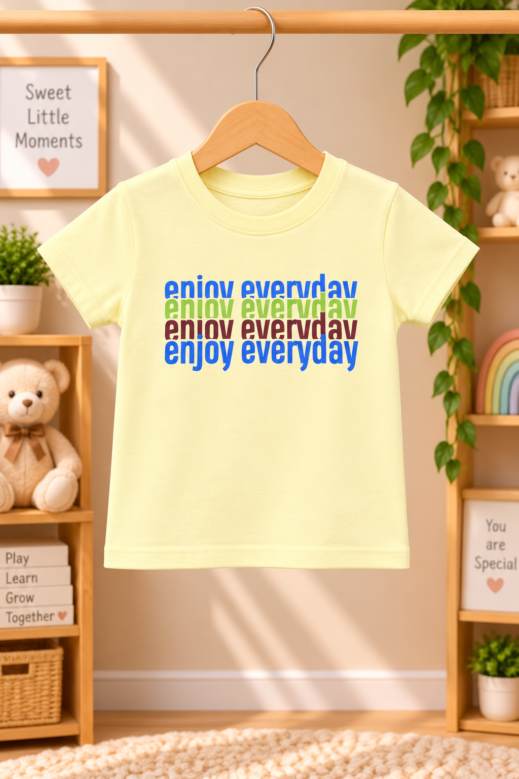 Boys Enjoy Everyday Typography Graphic Print Short Sleeve T-Shirt and Shorts Cotton Lounge Set — Pale Yellow / Maroon | Yokidz