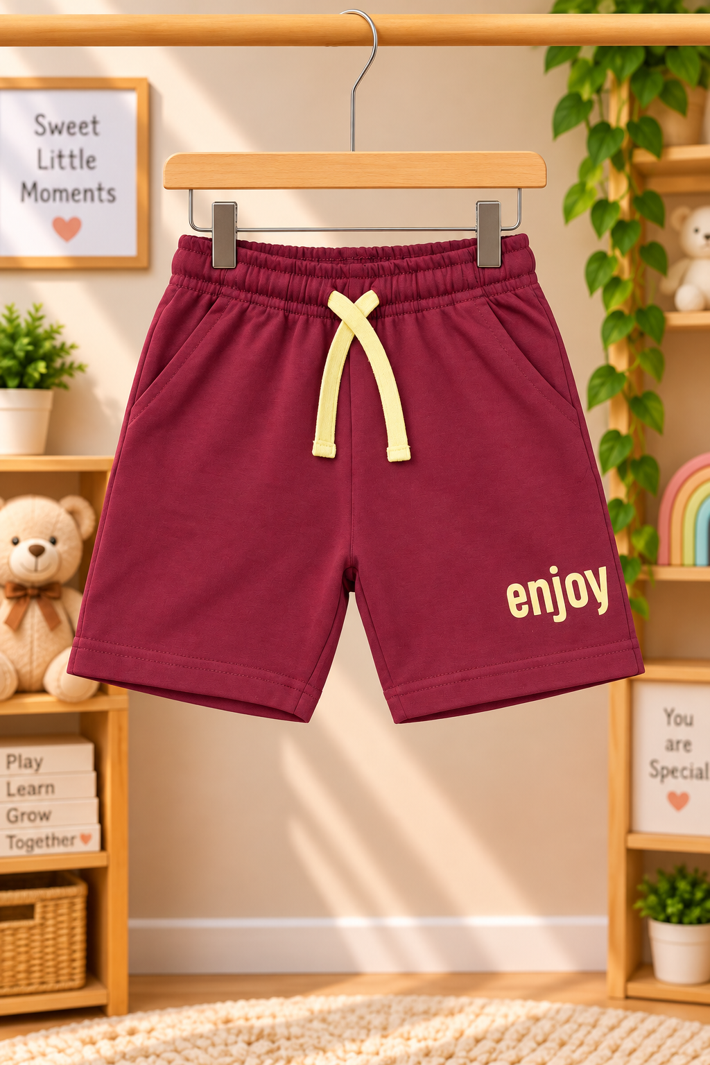 Boys Enjoy Everyday Typography Graphic Print Short Sleeve T-Shirt and Shorts Cotton Lounge Set — Pale Yellow / Maroon | Yokidz