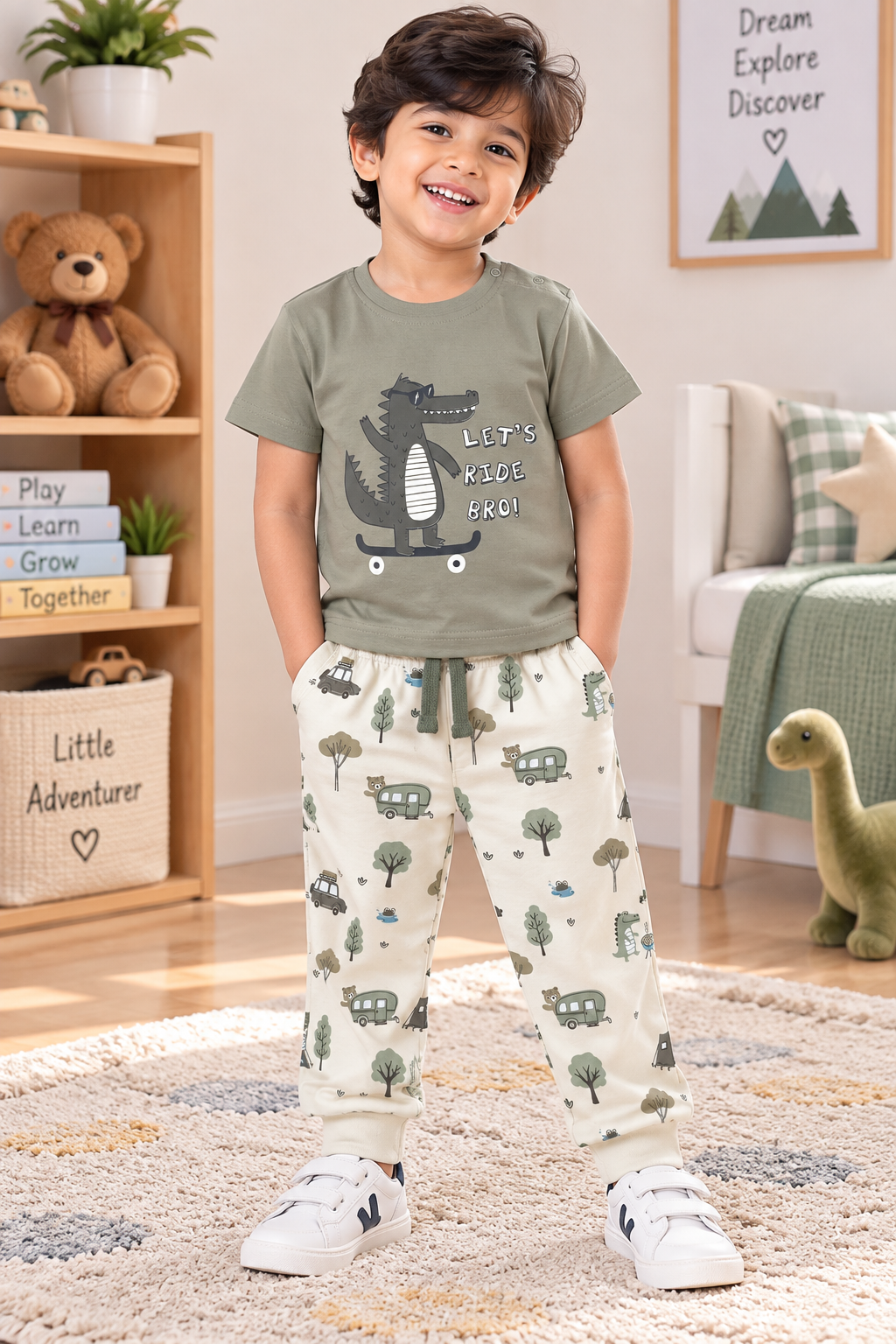 Boys Let's Ride Bro Skater Crocodile Graphic T-Shirt and Camping Print Track Pants Cotton Lounge Set — Sage Green / Off-White | Yokidz