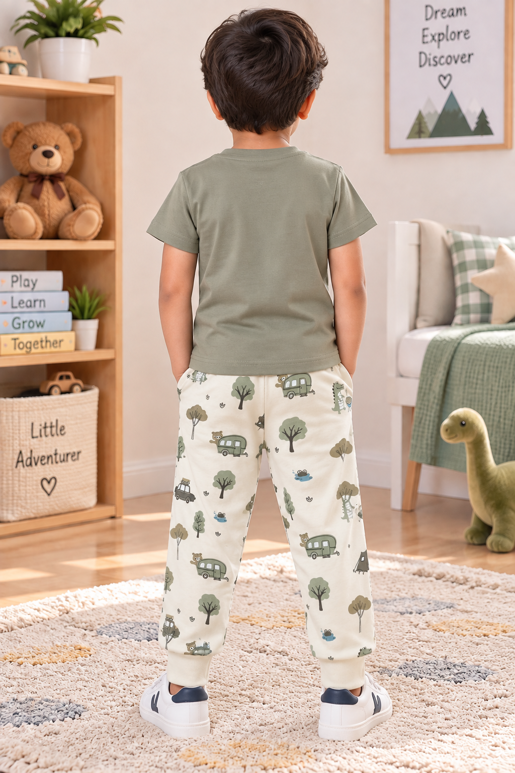 Boys Let's Ride Bro Skater Crocodile Graphic T-Shirt and Camping Print Track Pants Cotton Lounge Set — Sage Green / Off-White | Yokidz