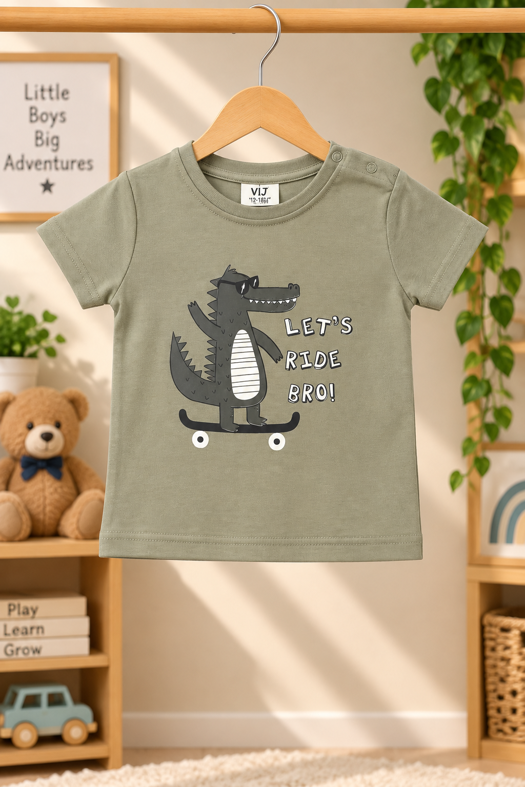 Boys Let's Ride Bro Skater Crocodile Graphic T-Shirt and Camping Print Track Pants Cotton Lounge Set — Sage Green / Off-White | Yokidz