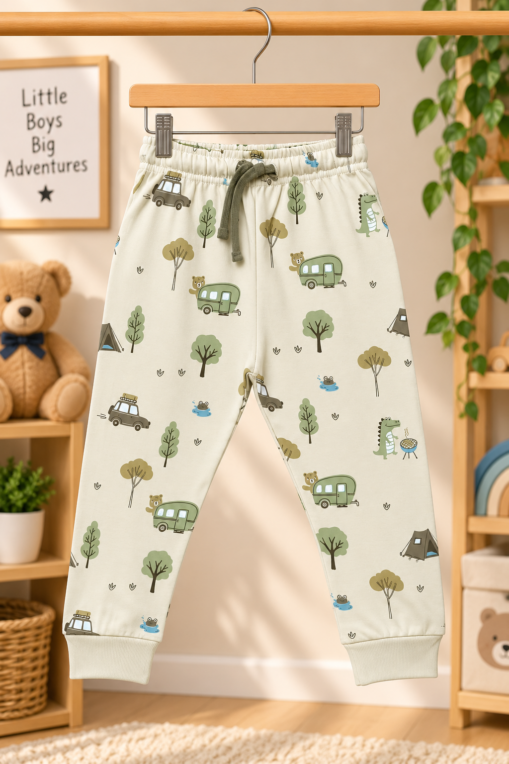 Boys Let's Ride Bro Skater Crocodile Graphic T-Shirt and Camping Print Track Pants Cotton Lounge Set — Sage Green / Off-White | Yokidz