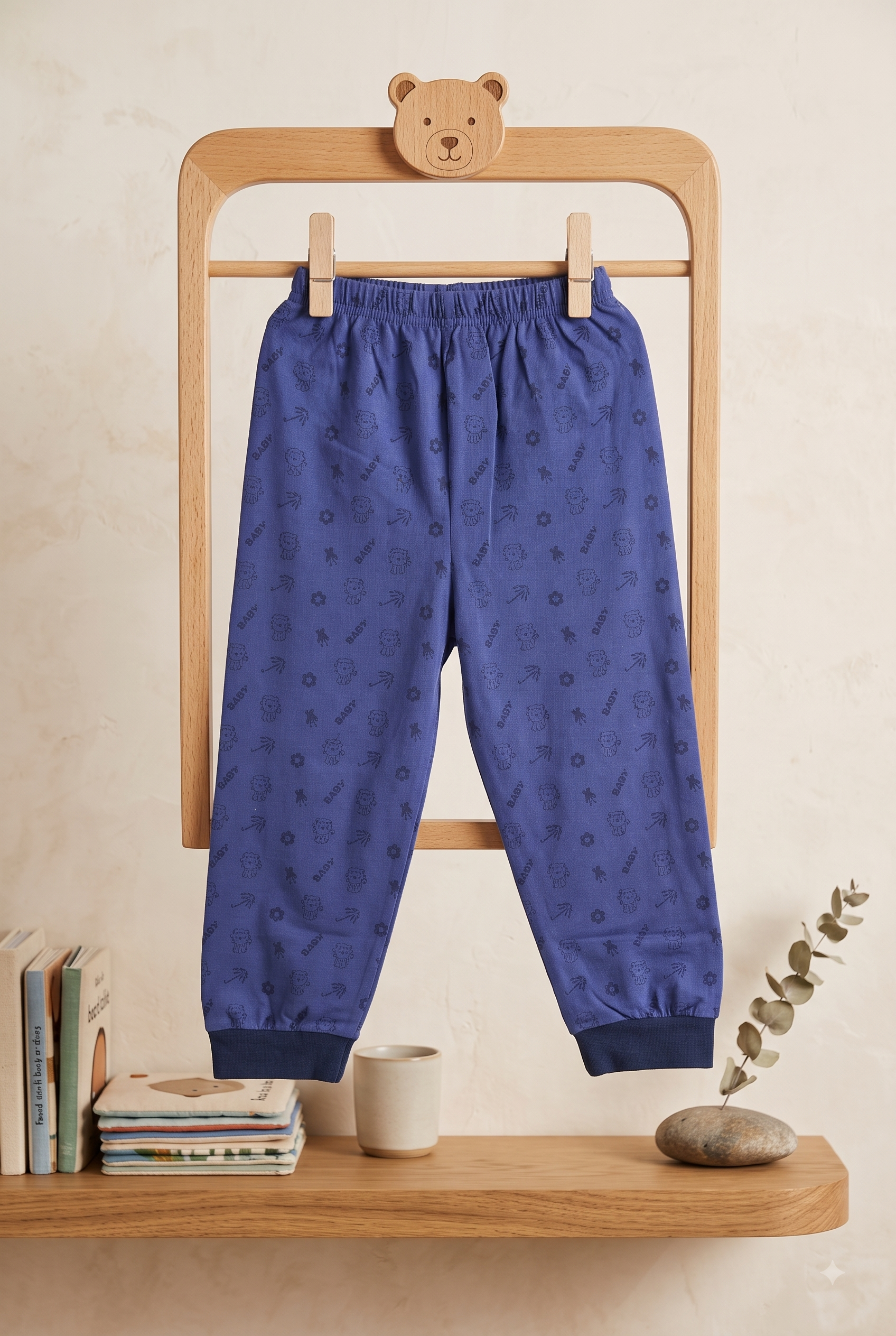 Boys Lion & Playful Doodle All Over Print Ribbed Cuff Cotton Pyjama Track Pants (Pack of 2) — Magenta Pink / Royal Blue | Yokidz
