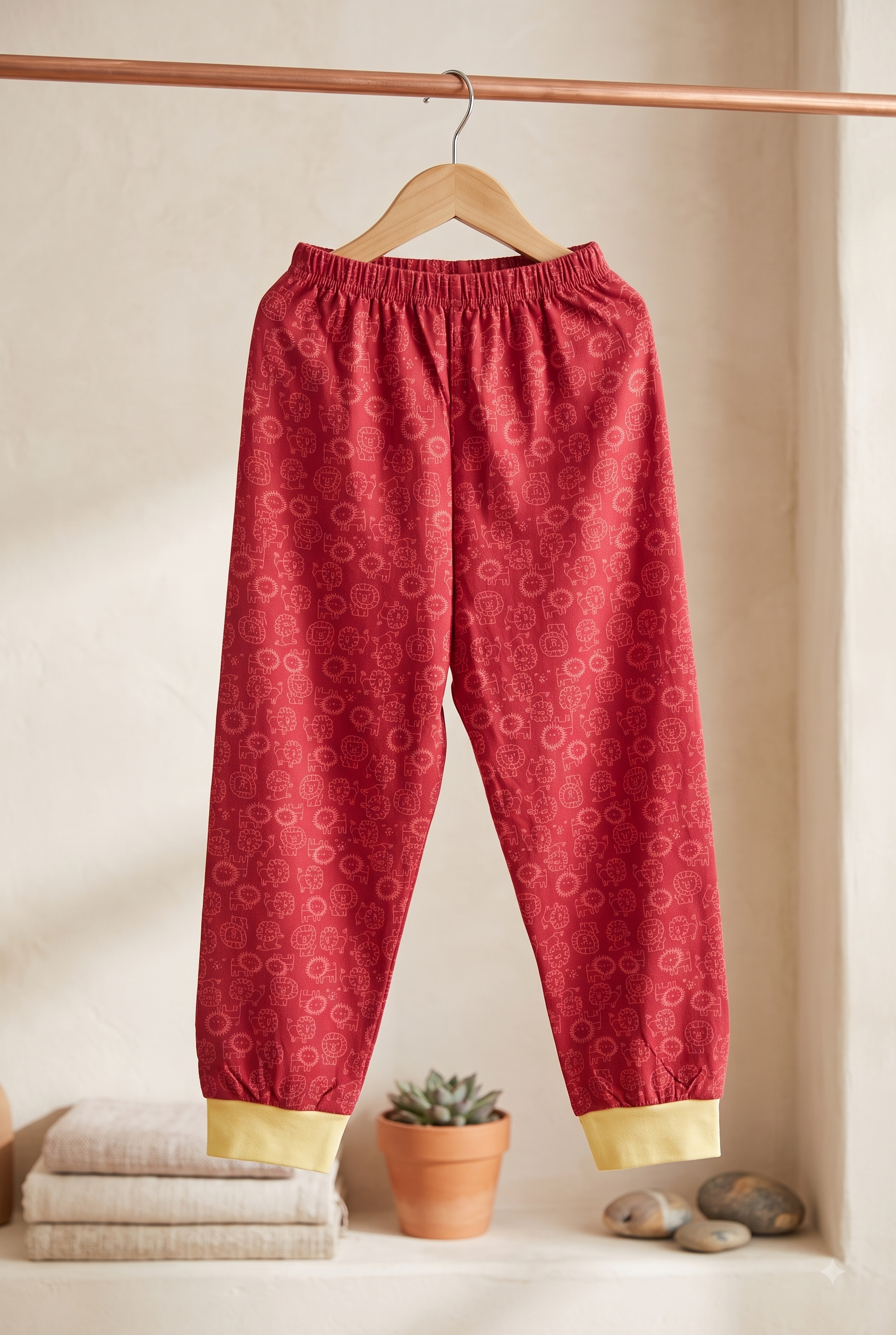 Boys Lion & Playful Doodle All Over Print Ribbed Cuff Cotton Pyjama Track Pants (Pack of 2) — Magenta Pink / Royal Blue | Yokidz